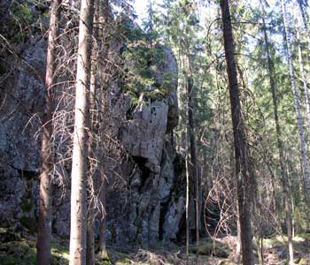 Jyhkeä Kaatuvakallio sananmukaisesti kaatuu kohti Hunttijärveä.  Kallion päälle kiivetessä tunsimme itsemme vuoristokiipeilijöiksi...